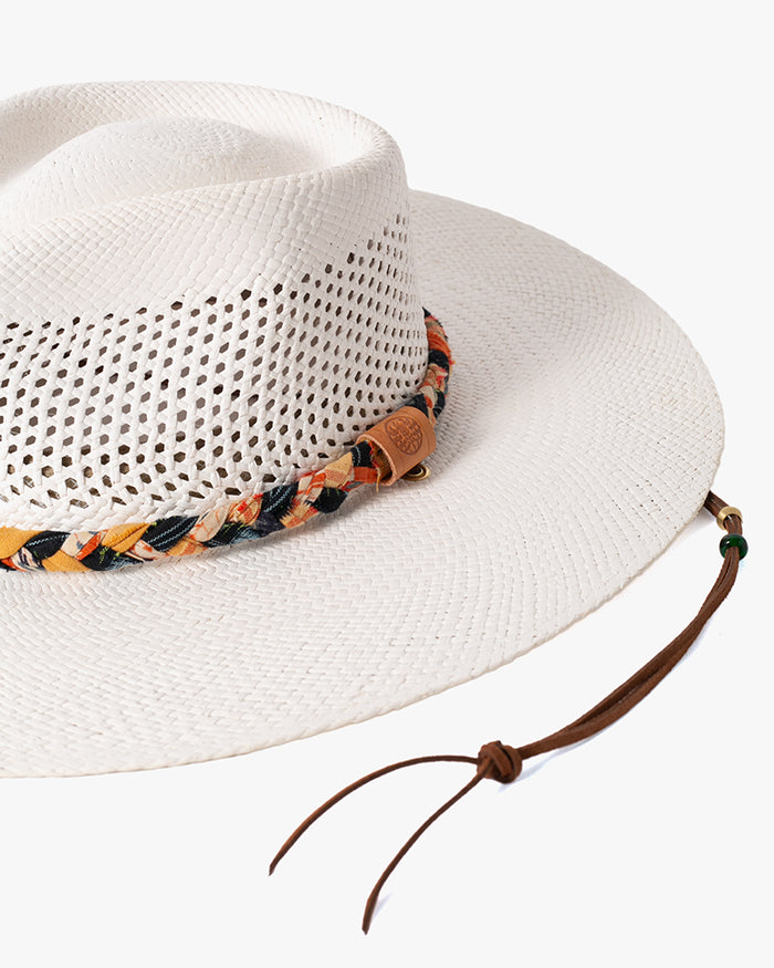Kiriko Custom Panama Hat, Straw, Braided Indigo Katazome, Shades of Orange Plaid