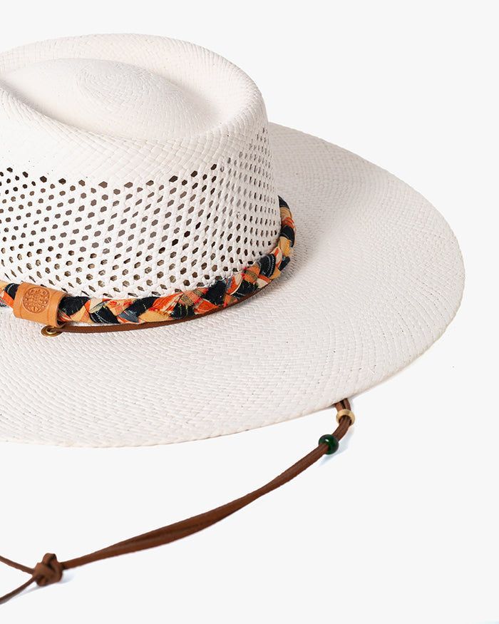 Kiriko Custom Panama Hat, Straw, Braided Indigo Katazome, Shades of Orange Plaid