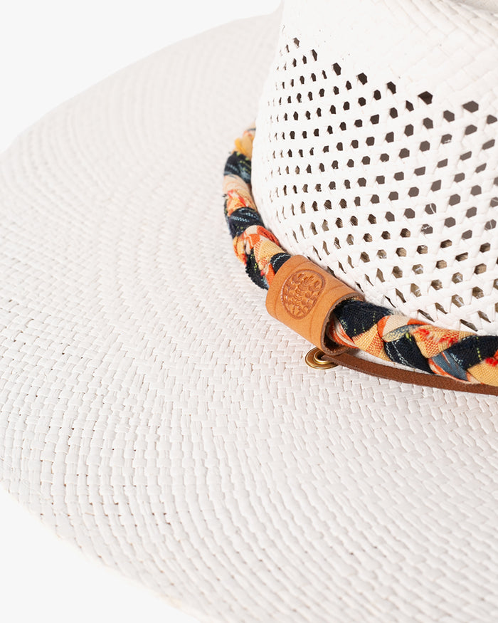 Kiriko Custom Panama Hat, Straw, Braided Indigo Katazome, Shades of Orange Plaid