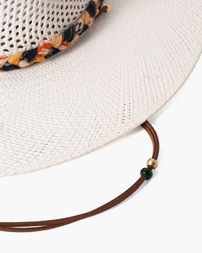 Kiriko Custom Panama Hat, Straw, Braided Indigo Katazome, Shades of Orange Plaid