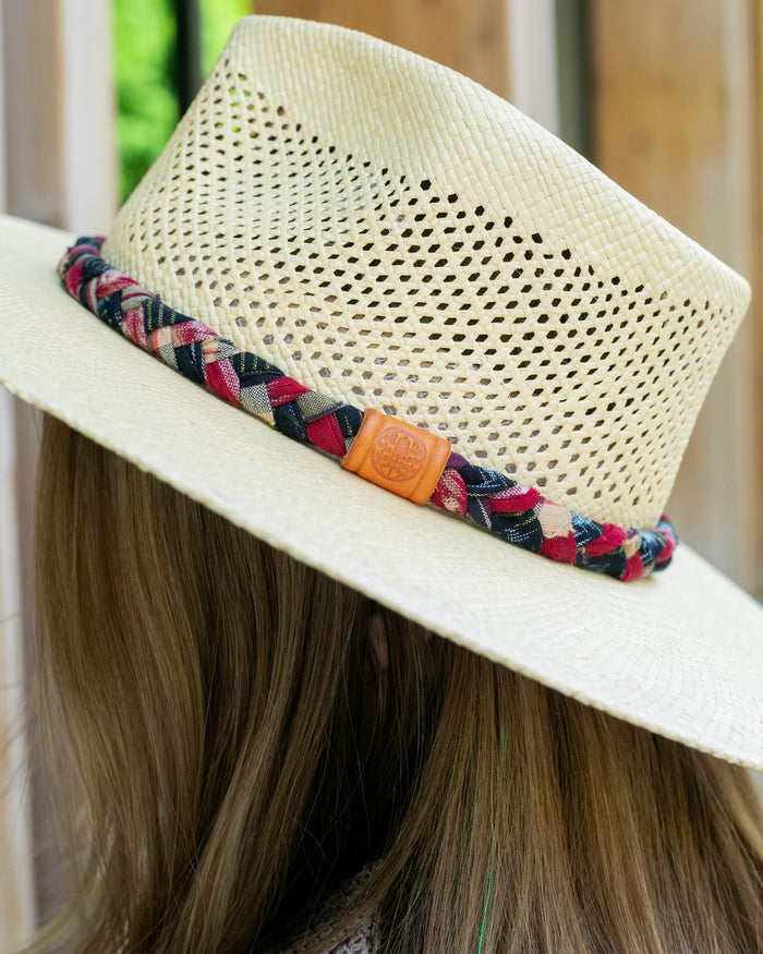 Kiriko Custom Panama Hat, Straw, Braided Indigo Katazome, Shades of Red and Orange Plaid