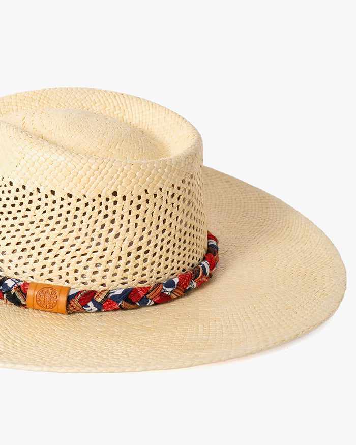 Kiriko Custom Panama Hat, Straw, Braided Indigo Katazome, Shades of Red and Orange Plaid