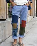 Custom patched denim jeans by Kiriko Made
