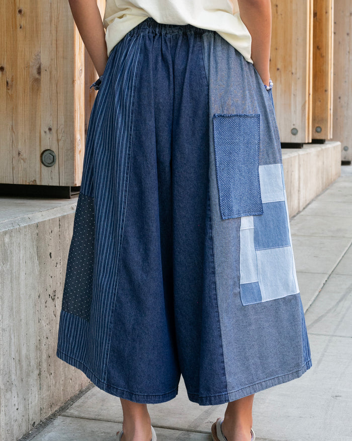Kiriko Custom Wide Leg Pants, Washed Indigo Patched, Version 1