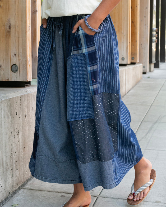 Kiriko Custom Wide Leg Pants, Washed Indigo Patched, Version 1