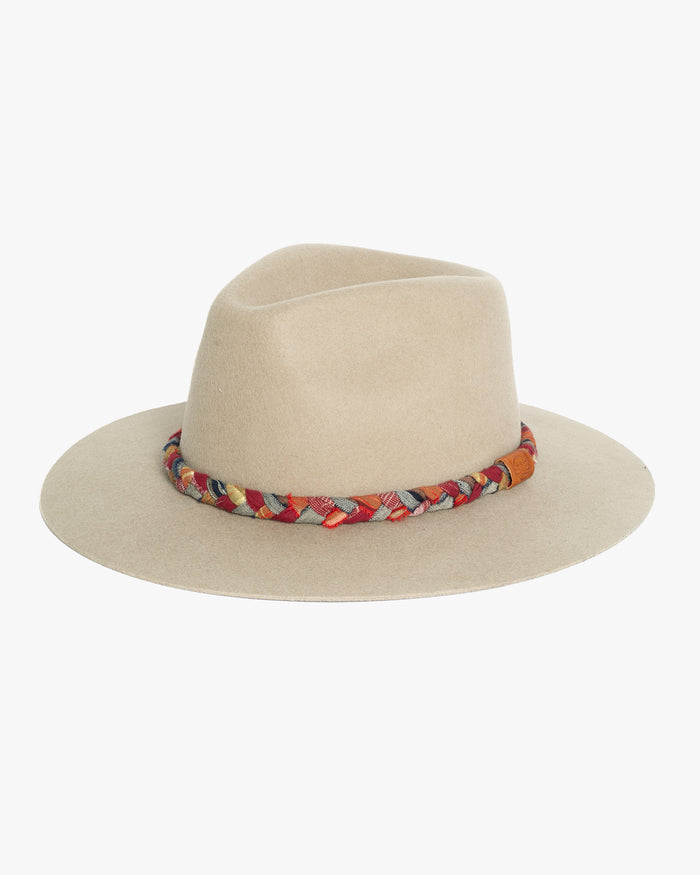 Kiriko Custom Wool Felt Hat, Camel with Braided Boro Fabric, Brixton, Red and Orange