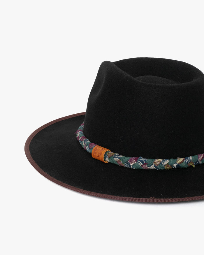 Kiriko Custom Wool Felt Hat, Navy with Braided Boro Fabric, Brixton, Teal and Burgundy