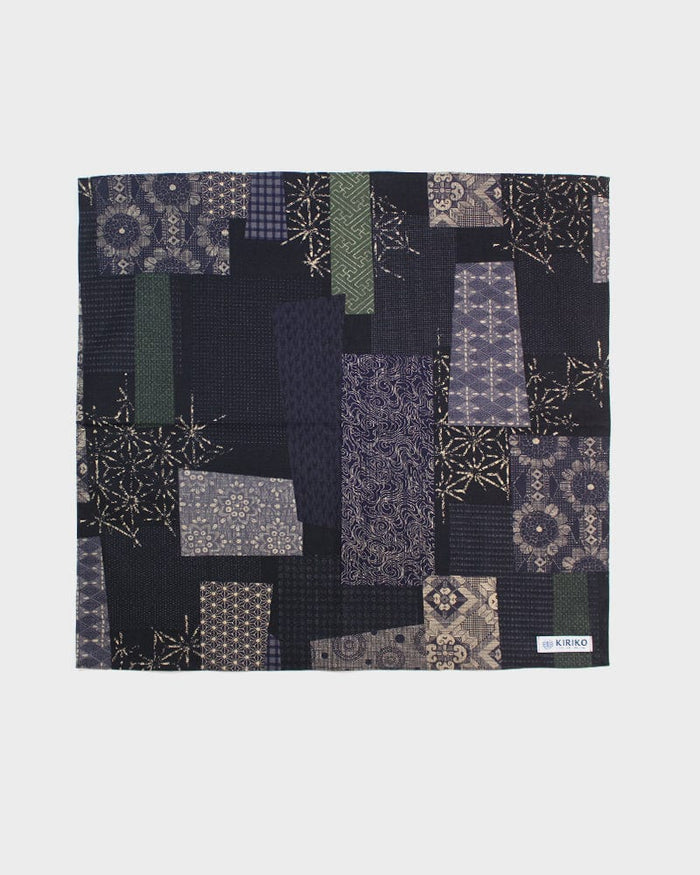 Kiriko Original Bandana, Classic, Dark Indigo and Green Patchwork Style