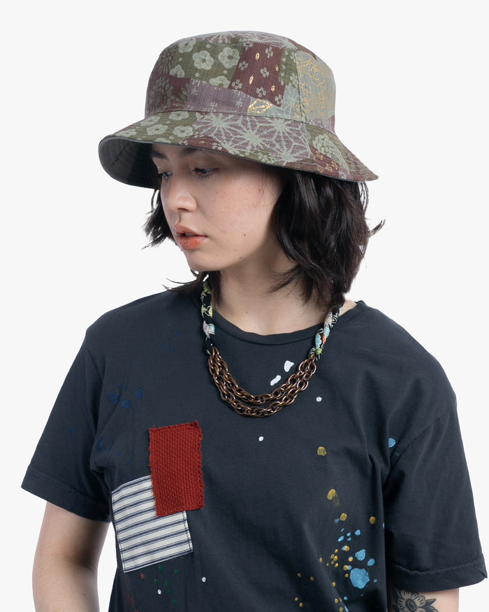 Kiriko Original Bucket Hat, Reversible Azuki and Gold Multi Patchwork with Khaki and Faded Green Camo