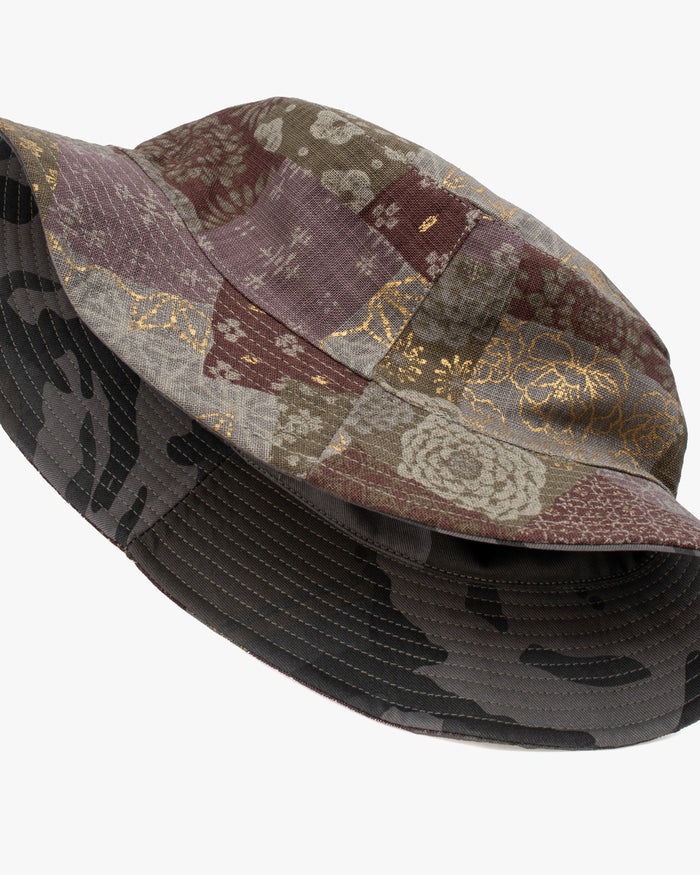 Kiriko Original Bucket Hat, Reversible Azuki and Gold Multi Patchwork with Khaki and Faded Green Camo