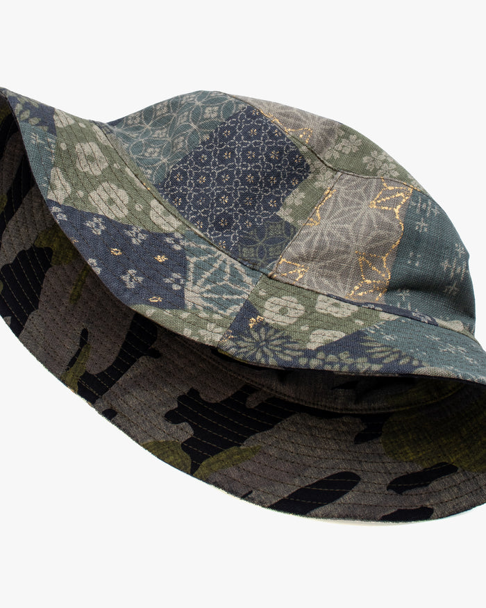 Kiriko Original Bucket Hat, Reversible Sage and Gold Multi Patchwork with Black and Lime Tiger Camo