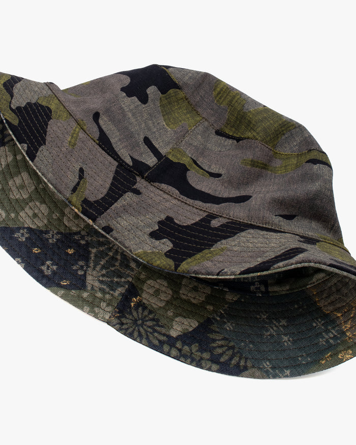 Kiriko Original Bucket Hat, Reversible Sage and Gold Multi Patchwork with Black and Lime Tiger Camo