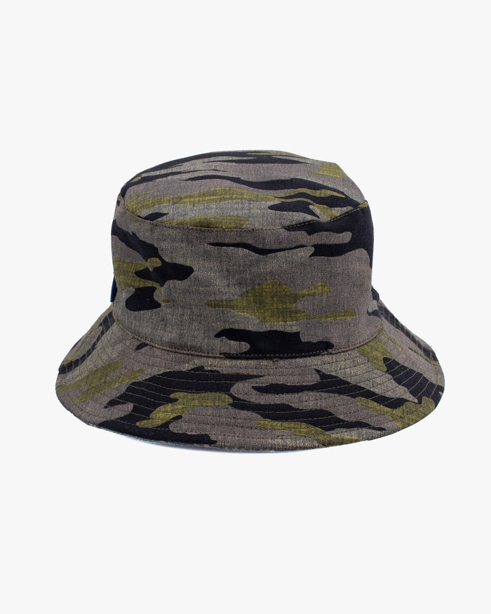 Kiriko Original Bucket Hat, Reversible Sage and Gold Multi Patchwork with Black and Lime Tiger Camo