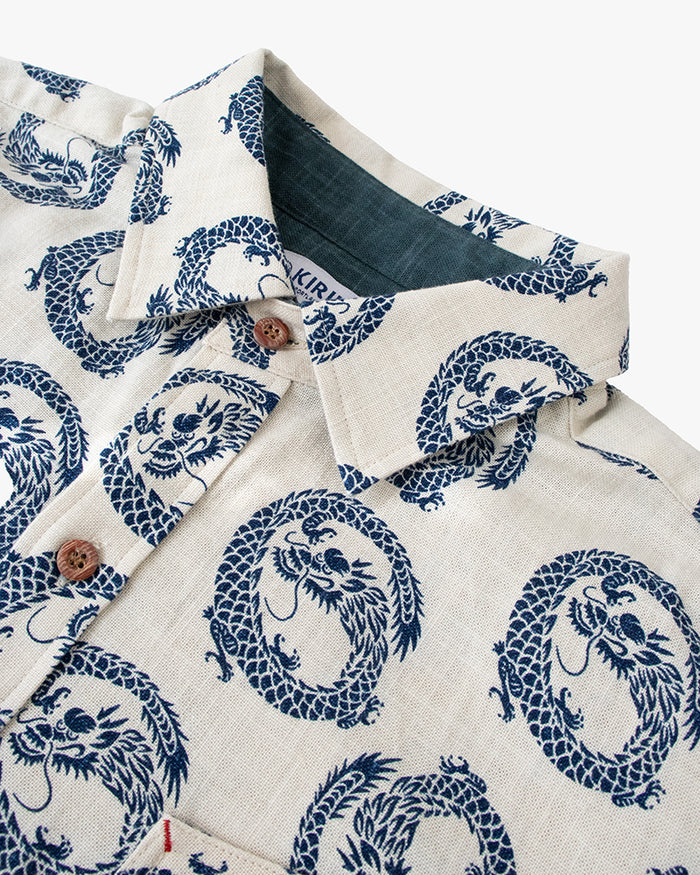 Kiriko Original Button-Up Shirt, Short Sleeve, Cream Dragon