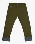 Olive canvas pants with Nami wave pattern by Kiriko Made