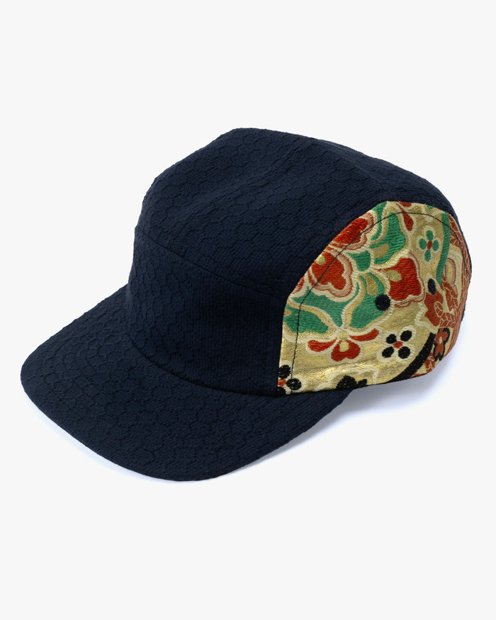 Kiriko Original Cap, 5-Panel, Kikkou Sashi-Ori & Maru-Obi, Navy with Gold Floral