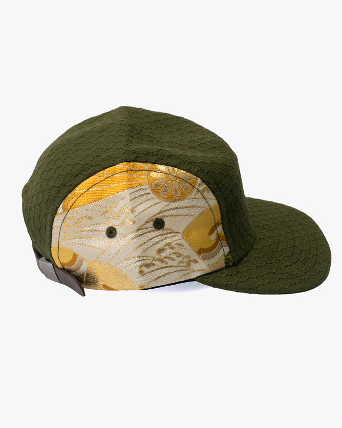 Kiriko Original Cap, 5-Panel, Kikkou Sashi-Ori & Maru-Obi, Olive with Tsuru and Floral