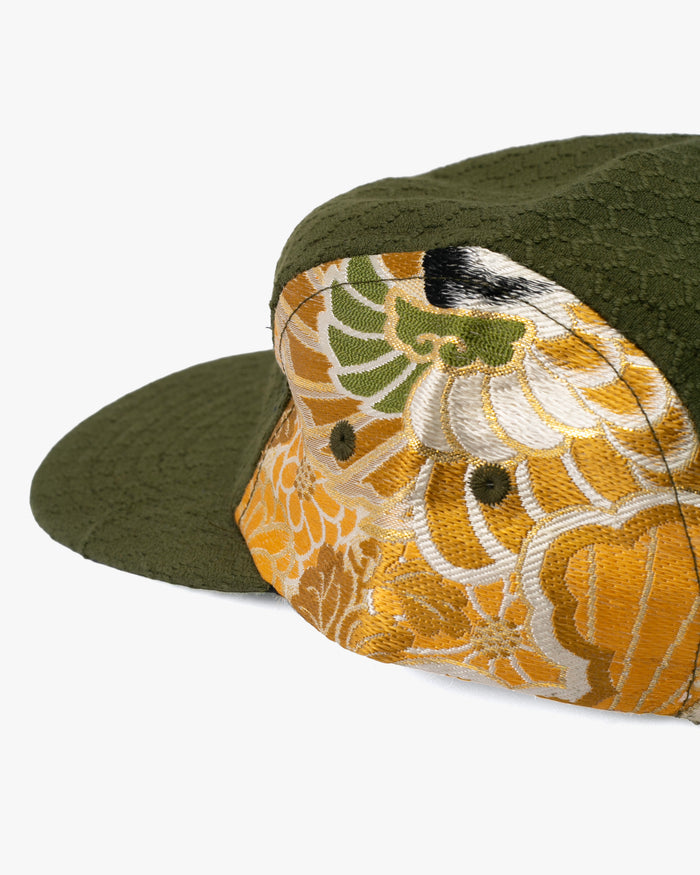 Kiriko Original Cap, 5-Panel, Kikkou Sashi-Ori & Maru-Obi, Olive with Tsuru and Floral