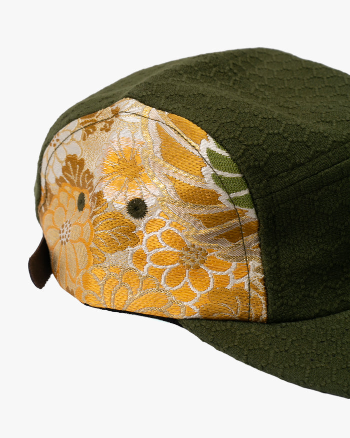 Kiriko Original Cap, 5-Panel, Kikkou Sashi-Ori & Maru-Obi, Olive with Tsuru and Floral