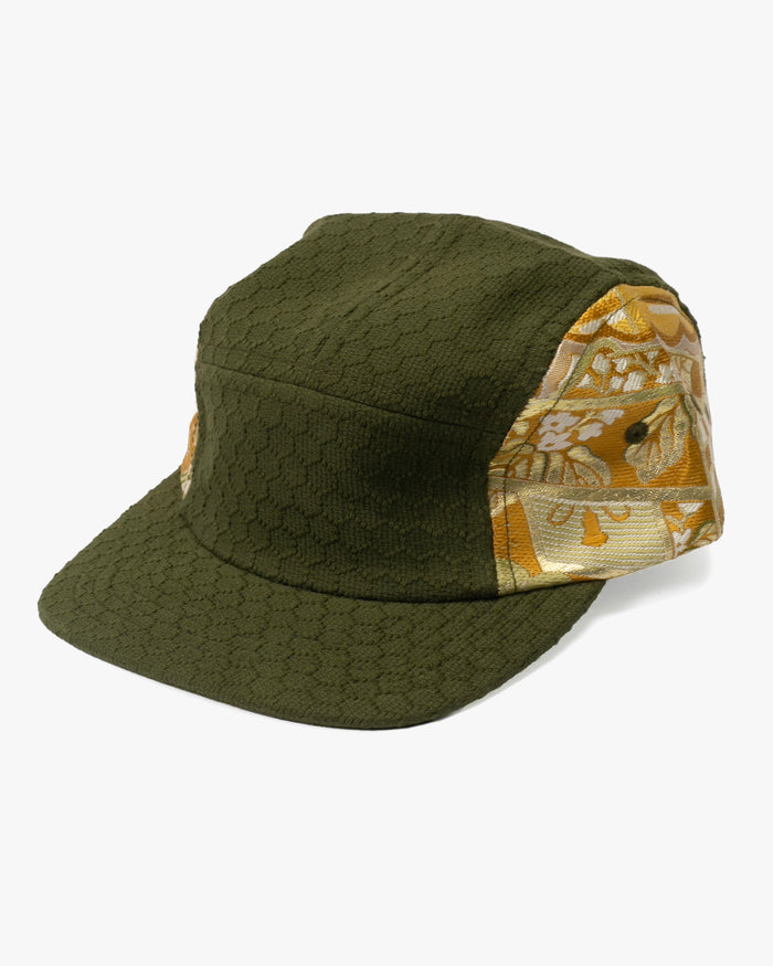 Kiriko Original Cap, 5-Panel, Kikkou Sashi-Ori & Maru-Obi, Olive with Tsuru and Floral