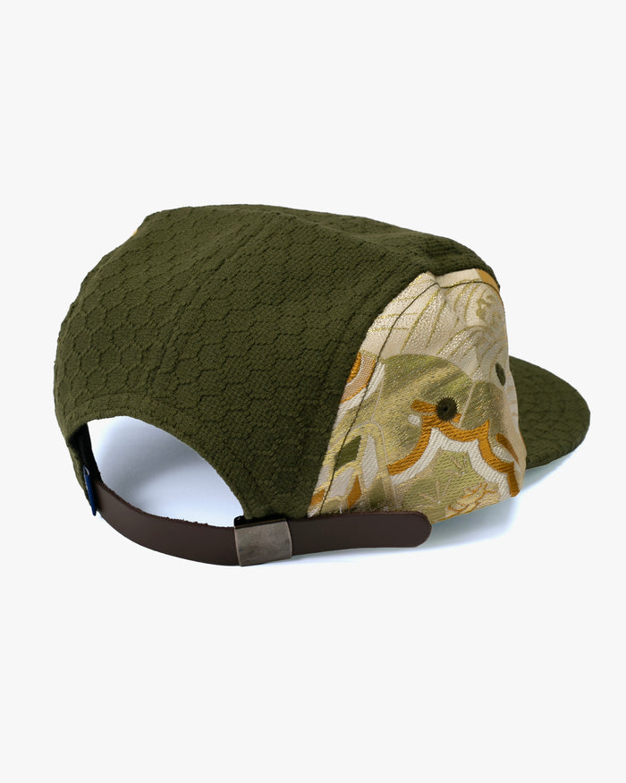 Kiriko Original Cap, 5-Panel, Kikkou Sashi-Ori & Maru-Obi, Olive with Tsuru and Floral
