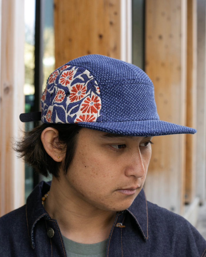 Kiriko Original Cap, 5-Panel, Two Tone, Washed Indigo Sashi-Ori with Orange Chrysanthemum French Jacquard