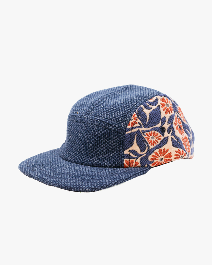 Kiriko Original Cap, 5-Panel, Two Tone, Washed Indigo Sashi-Ori with Orange Chrysanthemum French Jacquard
