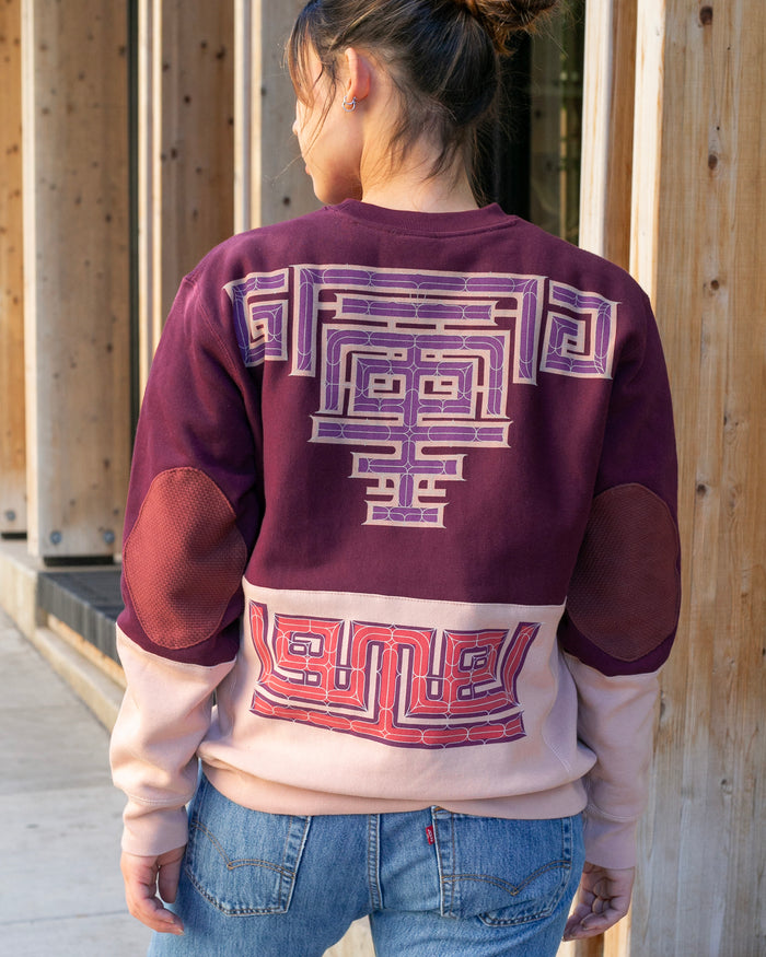 Kiriko Original Crewneck, Printed Ainu, Two-Tone, Maroon with Light Pink