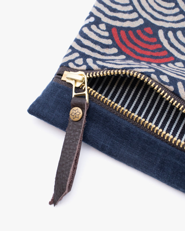 Kiriko Original Flat Small Zipper Pouch, Two Tone Indigo Seigaiha with Red