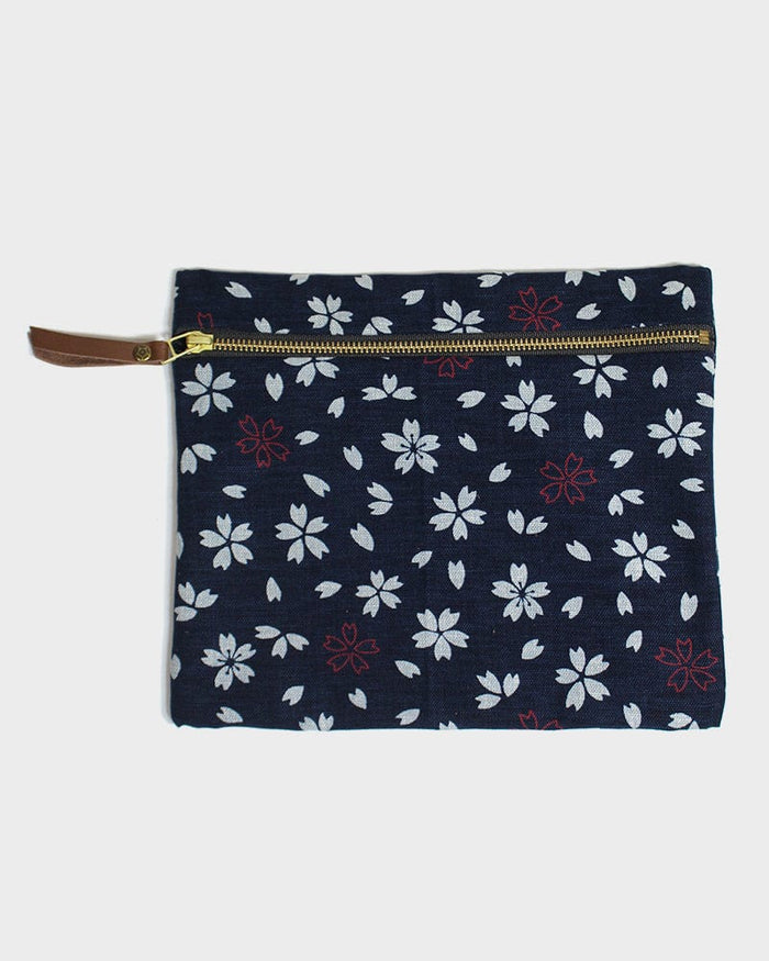 Kiriko Original Flat Zipper Pouch, Medium, Dark Indigo Sakura