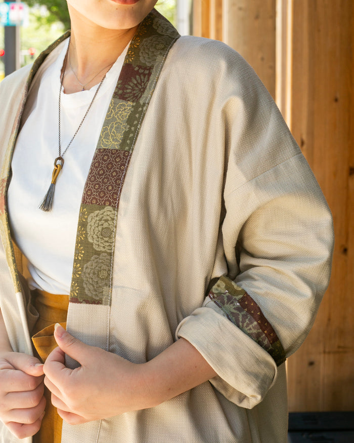 Kiriko Original Jacket, Modern Noragi, Cream and Multi Patchwork, Azuki and Gold