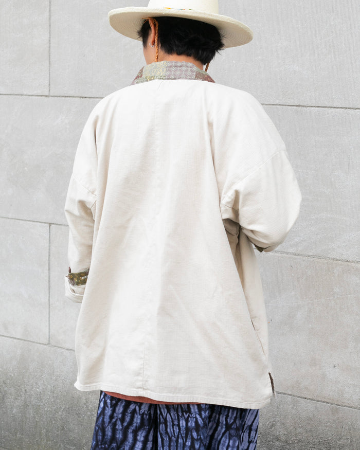 Kiriko Original Jacket, Modern Noragi, Cream and Multi Patchwork, Azuki and Gold