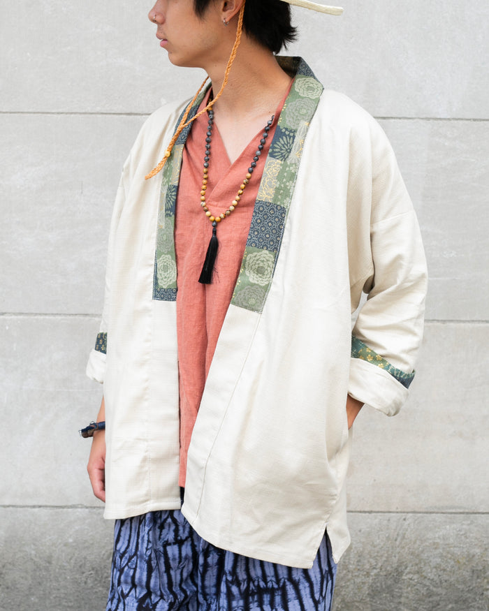 Kiriko Original Jacket, Modern Noragi, Cream and Multi Patchwork, Sage and Gold