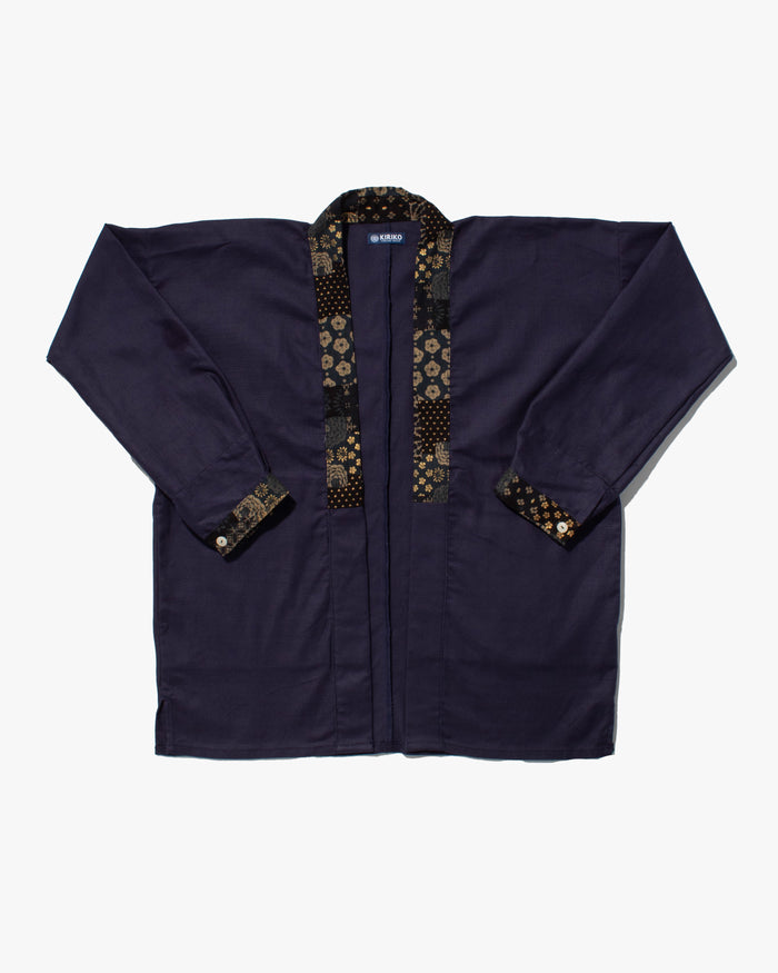 Kiriko Original Jacket, Modern Noragi, Indigo and Multi Patchwork, Dark Teal and Gold