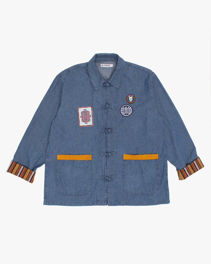 Kiriko Original Lightweight Mandarin Jacket, Light Indigo Denim with Patches and Yellow Shima