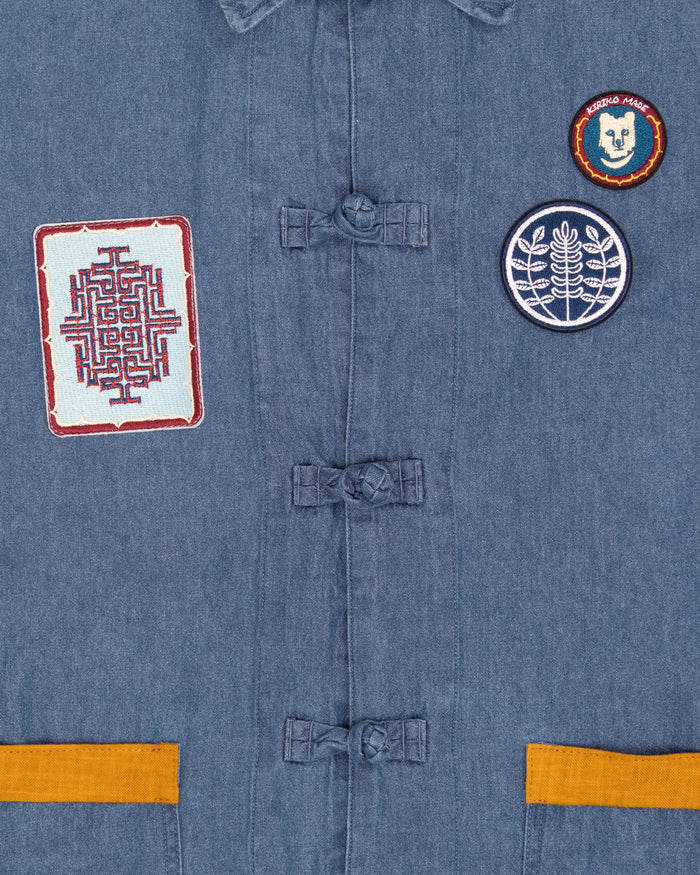 Kiriko Original Lightweight Mandarin Jacket, Light Indigo Denim with Patches and Yellow Shima