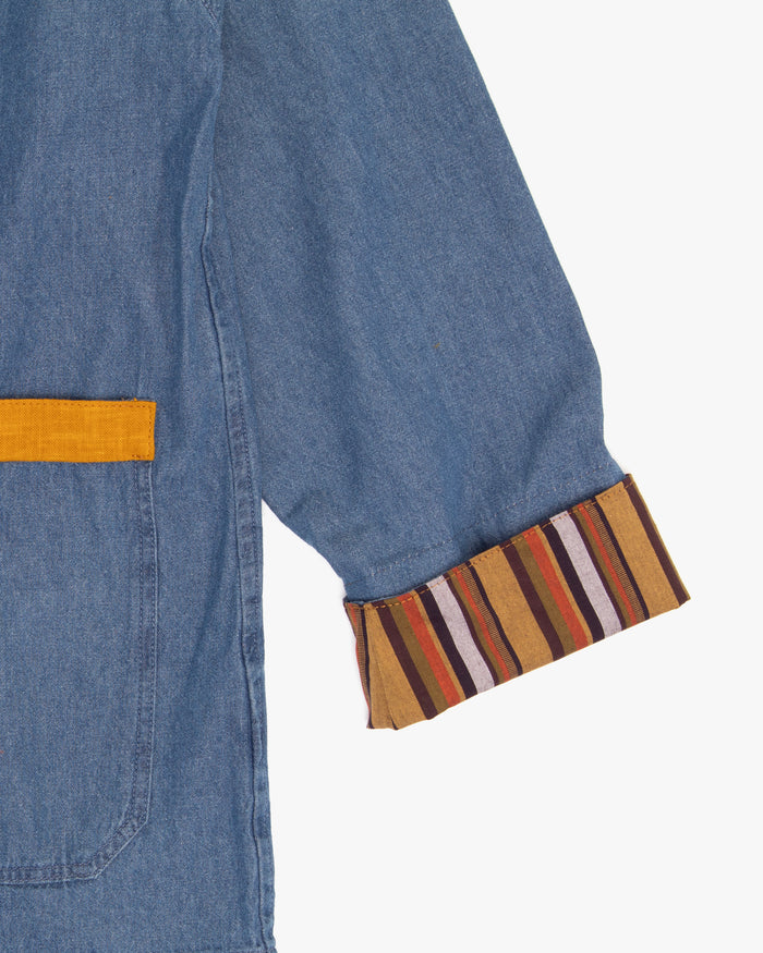 Kiriko Original Lightweight Mandarin Jacket, Light Indigo Denim with Patches and Yellow Shima