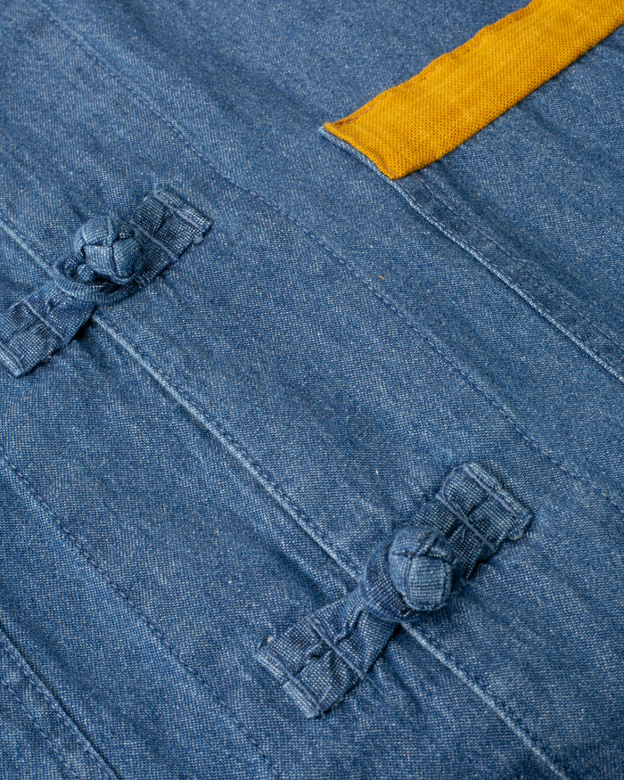 Kiriko Original Lightweight Mandarin Jacket, Light Indigo Denim with Patches and Red Shima