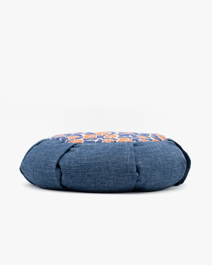 Kiriko Original Meditation Pillow, Two-Tone Zafu, Blue and Orange/Blue Flower Jacquard