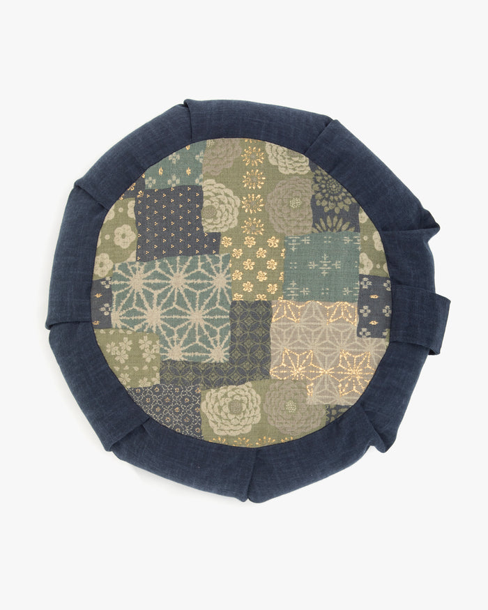 Kiriko Original Meditation Pillow, Two-Tone Zafu, Solid Indigo and Sage and Gold