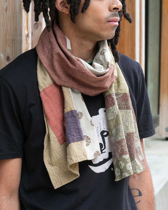 Kiriko Original Modern Patchwork Scarf, Azuki and Gold with Cream Kumo Shibori