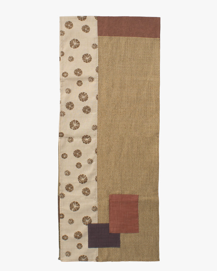 Kiriko Original Modern Patchwork Scarf, Azuki and Gold with Cream Kumo Shibori