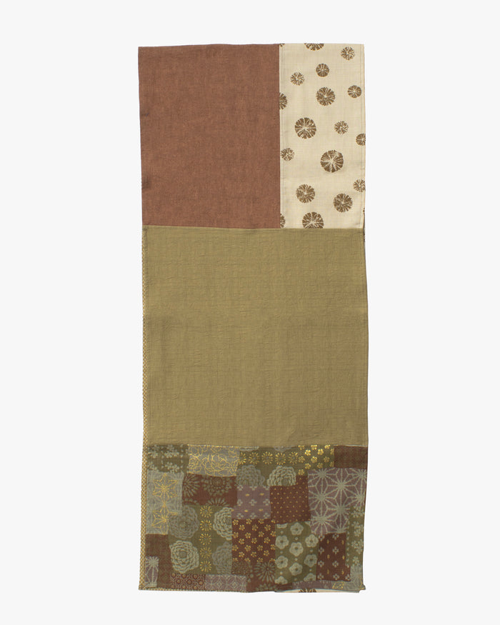 Kiriko Original Modern Patchwork Scarf, Azuki and Gold with Cream Kumo Shibori