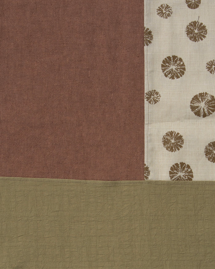 Kiriko Original Modern Patchwork Scarf, Azuki and Gold with Cream Kumo Shibori