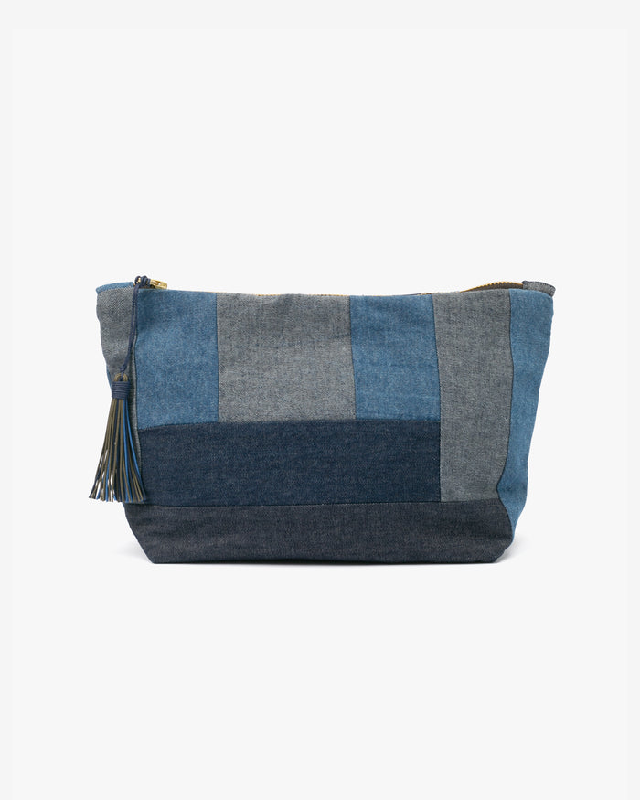 Kiriko Original Obi Stand-Up Pouch, Denim Patchwork, Dark Wash
