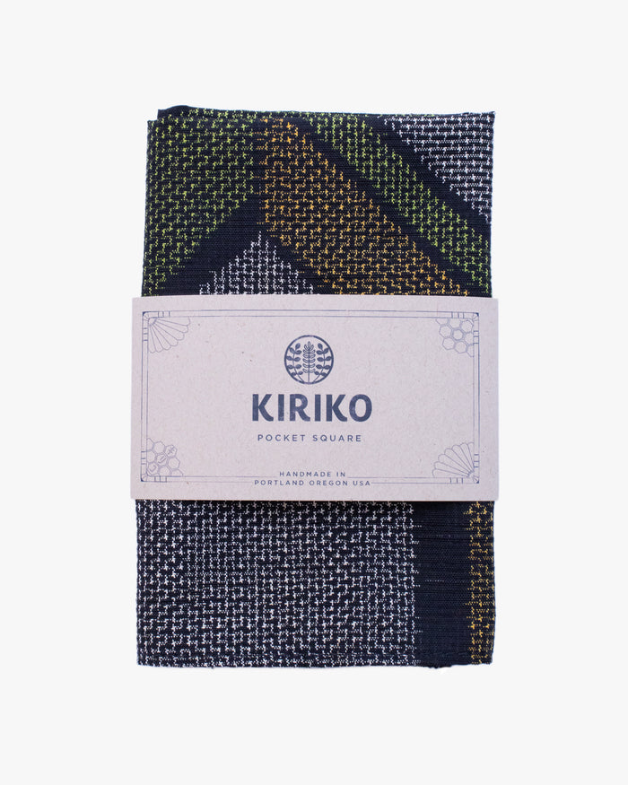 Kiriko Original Pocket Square, Abstract Hishi, Green and Mustard