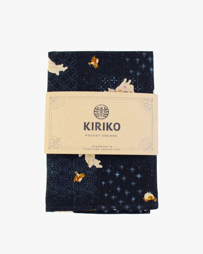 Kiriko Original Pocket Square, Indigo with White Rabbits