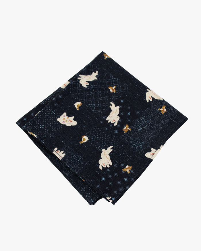 Kiriko Original Pocket Square, Indigo with White Rabbits
