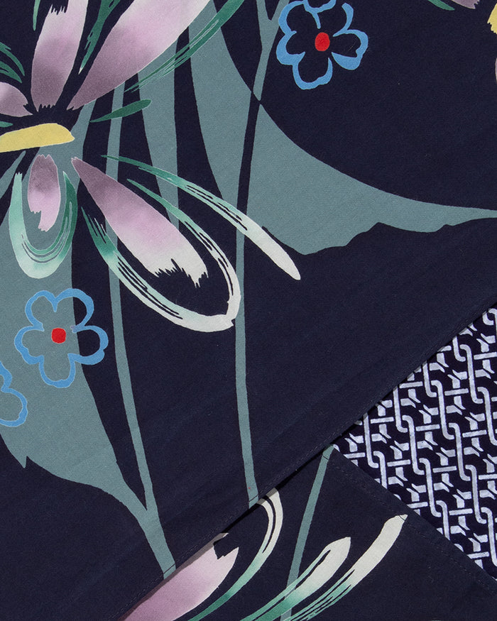 Kiriko Original Scarf, Split Yukata, Wide, Navy Shima and Purple Flowers
