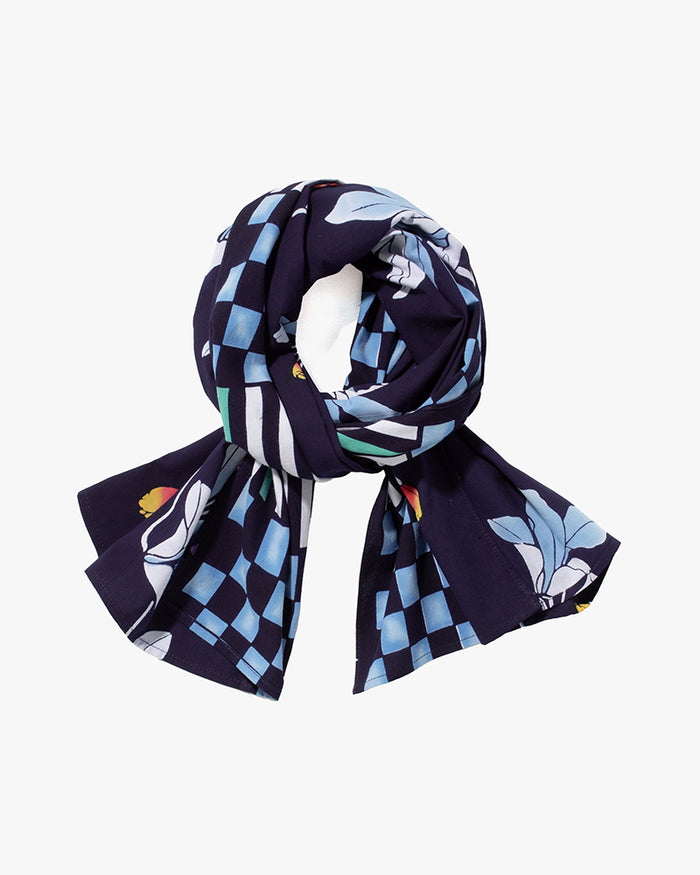 Kiriko Original Scarf, Split Yukata, Wide, Navy with Multicolor Ichimatsu, Take, and Flowers